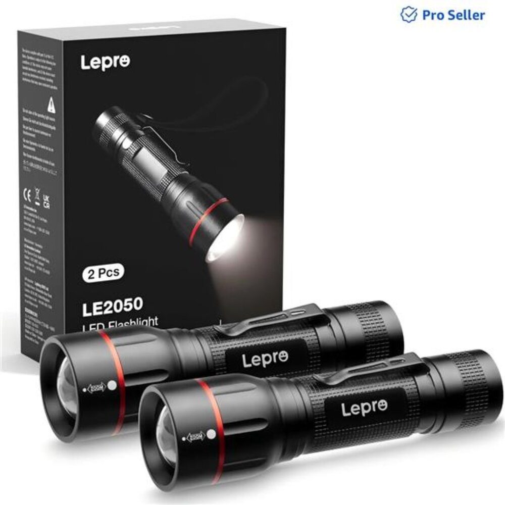 2-Packs LED Flashlights with Clip , LE2050 High Lumen, 5 Lighting Modes,